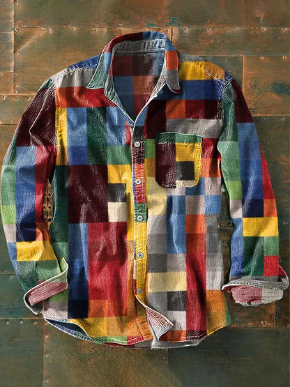 Unisex Vintage Skjorte i Regnbuemønster med Klassisk Krave og Praktiske Lommer 0