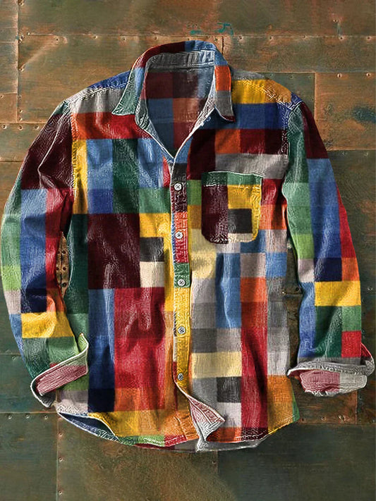 Unisex Vintage Skjorte i Regnbuemønster med Klassisk Krave og Praktiske Lommer 0