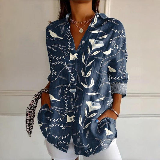 Flattering women’s vintage skjortebluse – long sleeve leaf print, cotton blend, for spring and autumn 1
