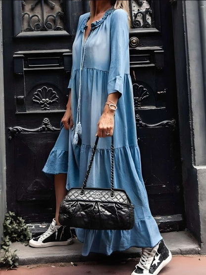 Elegant Denim Maxi Kjole Med Lange ærmer Til Kvinder - Smigrende Silhuet-4