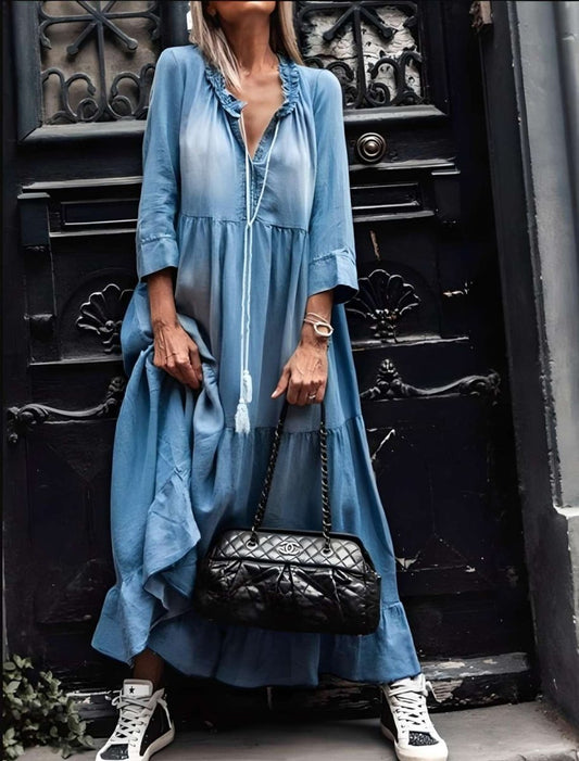 Elegant Denim Maxi Kjole Med Lange ærmer Til Kvinder - Smigrende Silhuet-1