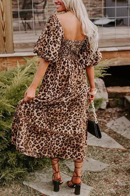Leopardprint Maxi Kjole Med Puffærmer Til Kvinder, Afslappet Chic Stil-5