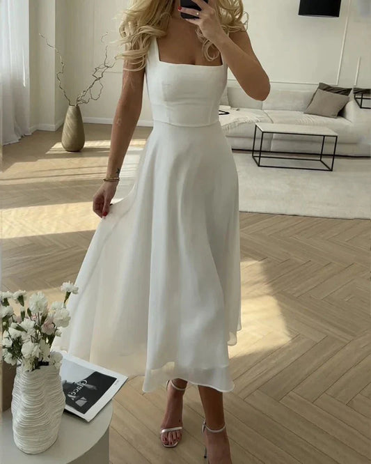 Elegant Chiffon Bryllups Gæstekjole Med Vinkel Halsudskæring-1