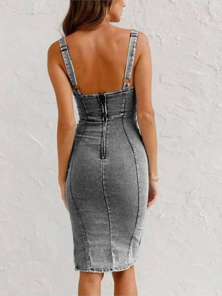 Vasket Denim Midi Kjole Med Justerbare Stropper Og Sidespalte-3